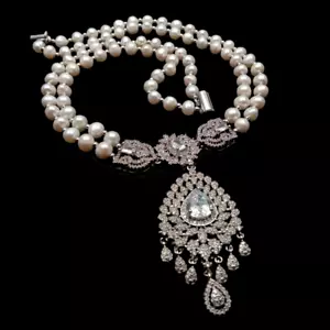 2 Rows Cultured White Pearl Necklace Cz Pave Statement Necklaces Women Jewelry - Picture 1 of 6