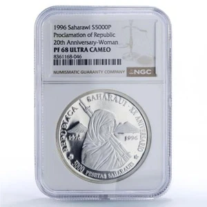 Saharawi 5000 pesetas Proclamation Woman with Rifle PF68 NGC silver coin 1996 - Picture 1 of 2
