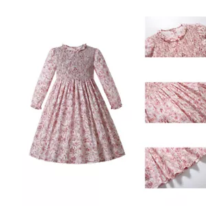 Mädchen Gesmoktes Kleid Blumen Festlich Partykleider Langarm 2-12 Jahre Rosa - Bild 1 von 12