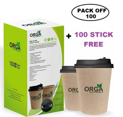 ‎ORGA ECO-FRIENDLY 100 Ripple Triple walled Paper Coffee Cup Brown Cups with Lids 8 OZ