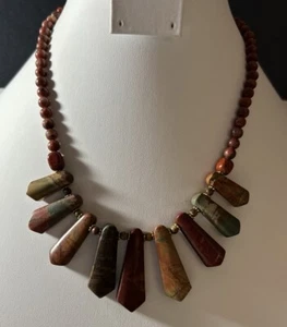 Jasper Stone Bib Necklace 18.5”Gold Tone Caps Toggle Closure - Picture 1 of 8