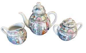 Chinese Famille Rose Medallion Set Teapot Creamer Sugar Hand Painted VTG ‘40 - Picture 1 of 16