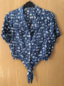 Vintage Retro 90's St Michael Ladies Rockabilly Blue Cropped Tie Up Blouse BNWT - Picture 1 of 10