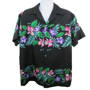 Vintage Kaikamahine Aloha Hawaiian Shirt Size XL Black Border Print Floral Poly - Picture 1 of 12