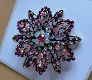 Purple Pink Flower Lotus Brooch Rhinestone Crystal Handmade Beautiful Original - Picture 1 of 4