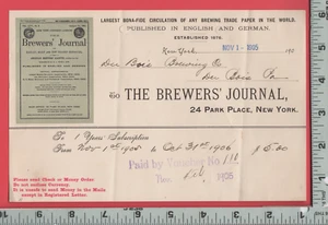 E635 Brewers Journal ricevuta abbonamento 24 Park Place NYC De Bois birra birra - Foto 1 di 2
