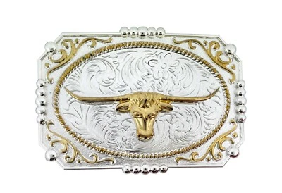 BULL Hebilla de Cinturón Longhorn Dorado Plata Metal Mujeres Vaquera Occidental Rodoe Texan Foto 1 de 4