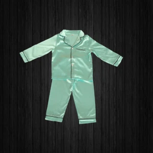 Green Kids Long Sleeve Satin Button-down Two Piece Pajama Set Sleepwear - Picture 1 of 9