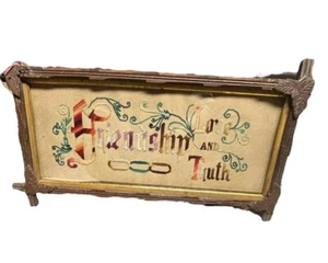 ANTIQUE VINTAGE NEEDLEPOINT FRIENDSHIP LOVE TRUTH IN WOOD FRAME LEAF CORNERS REA - Picture 1 of 6