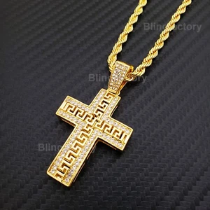 Hip Hop Iced Gold Plated Cross Pendant & 4mm 24" Rope Chain Fashion Necklace - Picture 1 of 14
