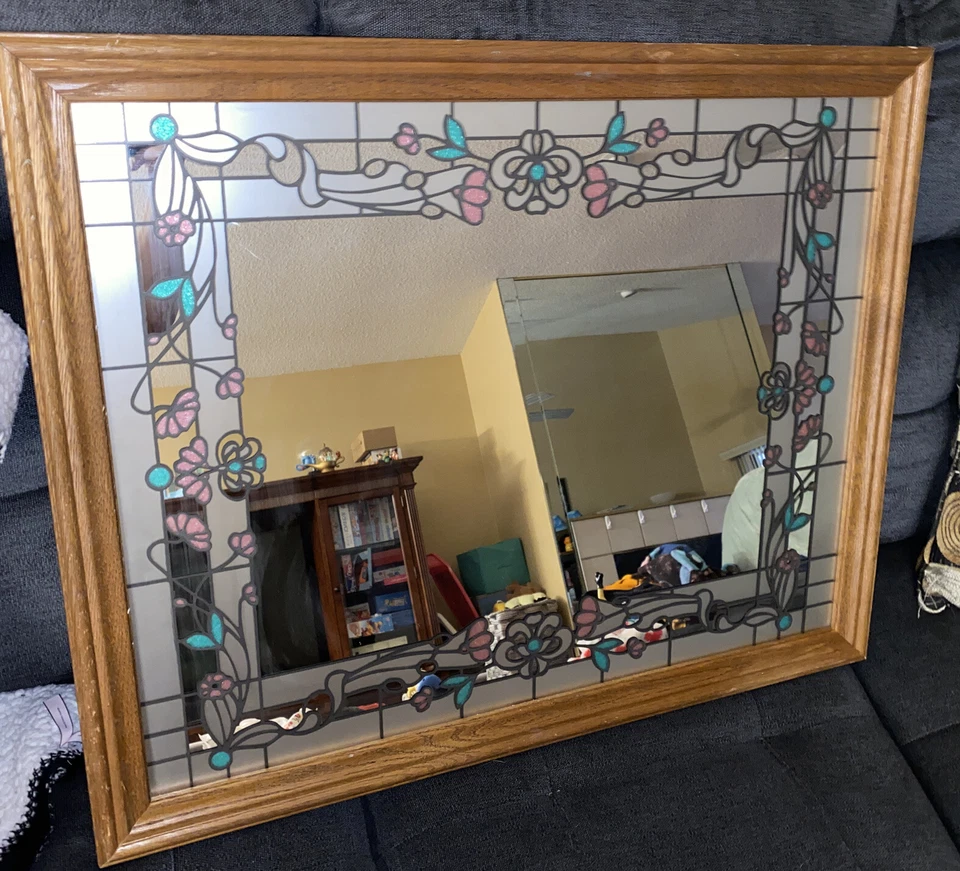 Espejo retro Marsel-años 80 rosa y verde azulado tradicional rectangular imitación vitral Foto 1 de 4