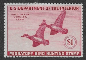 US Scott #RW10 MH F-VF Federal Duck Stamp Wood Ducks $1 Deep Rose SCV $55 - Picture 1 of 2