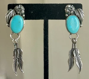 Native American Sterling Silver NAVAJO Handmade Turquoise Feather Earrings - Picture 1 of 7