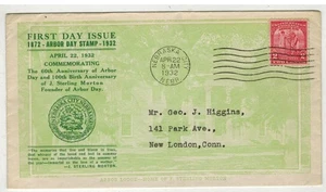 1932 NATIONAL ARBOR DAY NEBRASKA 1ST DOUGLAS FDC 717-3B COLOR VARIETY ALL GREEN - Picture 1 of 1