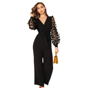 Shein Curve Damen eleganter transparenter Jumpsuit Blumenärmel Wickeloptik V-Ausschnitt weites Bein - Bild 1 von 11