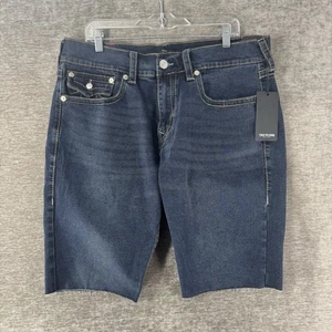 True Religion Ricky Big T Flap Shorts Denim Blue Raw Hem Men’s Size 36 $159 NWT - Picture 1 of 10