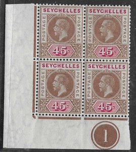 SEYCHELLES - 1912 45c BROWN & CARMINE, CORNER PLATE BLOCK OF 4 - Picture 1 of 2