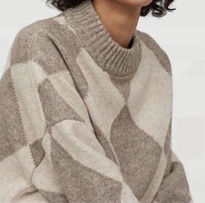 Pringle of Scotland x H&M Sweater Women’s XL Beige Cream Argyle Diamond Dolman - Image 1 of 4