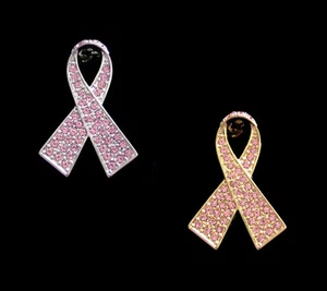 CRYSTAL PINK RIBBON BOW BREAST CANCER AWARENESS BROOCH PIN SILVER GOLD TONE - Picture 1 of 7