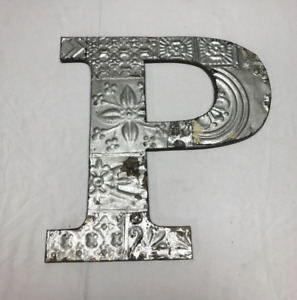 Decorative Salvaged Tin Ceiling 16" Patchwork Silver Metal Letter P Old 1625-23B