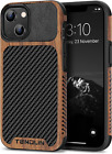 for Iphone 14 Case Wood Grain with Carbon Fiber Texture Design Leather Hybrid Sl