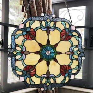 Stained Glass Window Panel Suncatcher Tiffany Style 18in Diameter Window Hanging - Picture 1 of 12