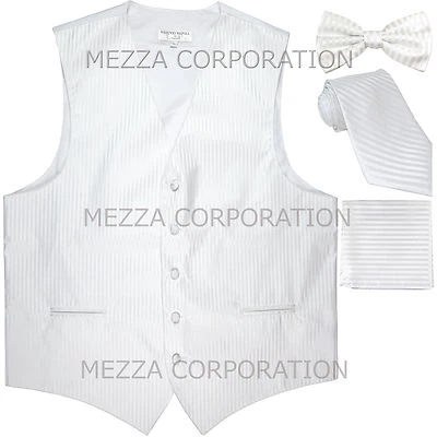 New Men's Tuxedo Vest Vertical Stripes Necktie, Bowtie & Hankie set party White - Image 1 of 4