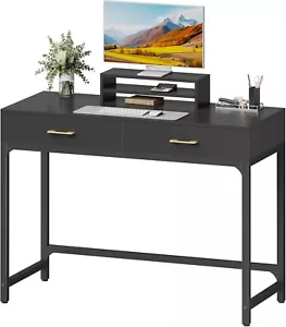 Black Computer Desk with Monitor Stand, Small Office Desk with 2 Drawers for Hom - Picture 1 of 3