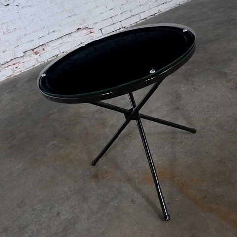 MCM Round Metal Outdoor Black Painted Tripod Accent Table with Glass Top Cover