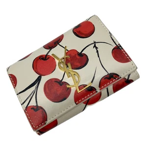 Saint Laurent Cherry Print 6 Key Holder Key Case Ivory Red Leather Authentic - Picture 1 of 10