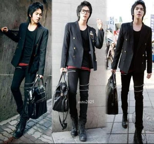 Korean Rivet Black Men's Jeans Pant Punk Fashion Slim Fit Solid Pencil Trousers - Picture 1 of 30