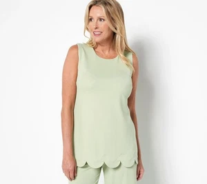 Isaac Mizrahi Live! Pebble Knit Scallop Hem Tank Top Hampton Green XS New - Picture 1 of 3
