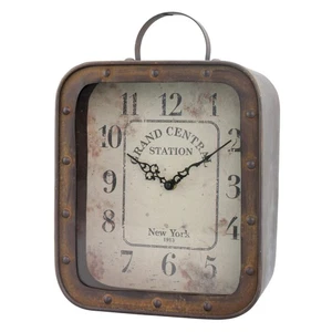 Large Square Rustic Metal Table Top Clock with Handle and Rivet Detail, Indus... - Picture 1 of 6