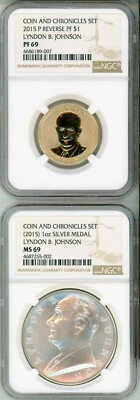 2015 - L B JOHNSON  -  MEDAL AND REVERSE PROOF -  NGC PF 69  AND MS 69 - PAIR - Image 1 of 4