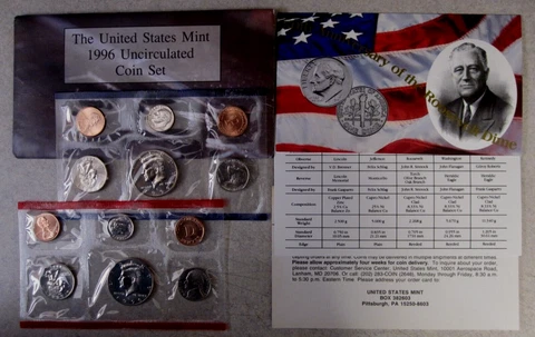 Complete 1996 P and D Mint Set with the Roosevelt West Point Mint Dime OGP/COA Cover