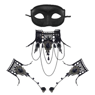 3 Piezas Mujer Mascarada Negro Gótico Encaje Máscara Gargantilla Pulseras Disfraz Halloween Foto 1 de 4