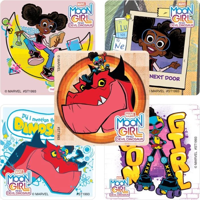25 pegatinas Marvel Moon Girl y Devil Dinosaur, 2,5" x 2,5" cada una, favores de fiesta Foto 1 de 1
