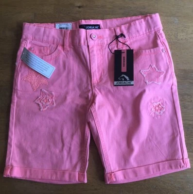 Pantalones Cortos Jordache Bermudas Niña Talla 12 Rosa Jean Bordado Rosas Elastizados Denim Foto 1 de 4