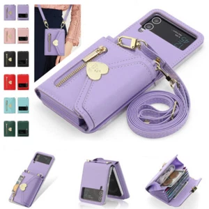For Samsung Galaxy Z Flip 7 6 5 4 3 Leather Wallet Case Crossbody Strap Cover - Picture 1 of 84