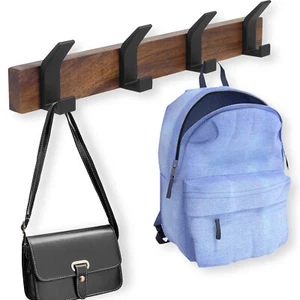 Coat Rack Wall Mount 15.7inch Walnut Wood Hanger with 4 Hooks Metal Hooks - Picture 1 of 11