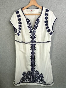 Boden Dress Womens 10R White Blue Embroidery Detail Linen Side Zip Coastal Beach - Picture 1 of 12