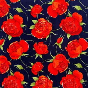 100% Cotton Fabric - Red Roses Flowers on Navy Blue Craft Fabric Material Metre - Picture 1 of 8