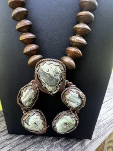 Vintage 1970s Handmade Copper Penny Bench Bead Squash Leaf Jasper Necklace Heavy - Picture 1 of 12