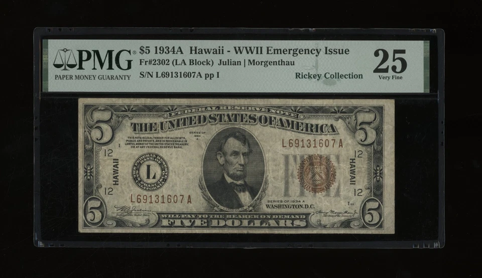 DBR 1934-A $5 FRN Hawaii Fr. 2302 PMG 25 Serial L69131607A - Image 1 of 2