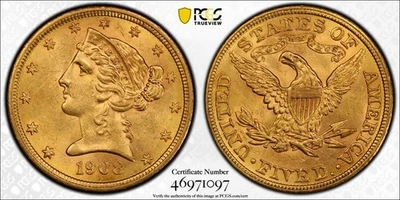 1908 $5 Liberty (Coronet) Head Gold Half Eagle with Motto PCGS MS62 - Image 1 of 4