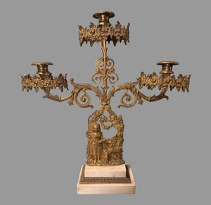 Antique Victorian Gilt Cast Metal 3 Light Figural Candelabra Girl with Animals - Picture 1 of 5