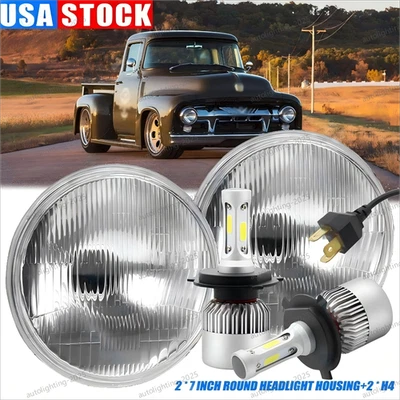 Pair 7" Inch Round LED Headlights Halo DRL For Ford F1 1948 1949 1950 1951 1952 - Image 1 of 4