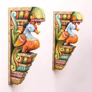 Wooden Wall Bracket Peacock Corbel Bird Pair Statue Vintage Home Garden Decor - Picture 1 of 6