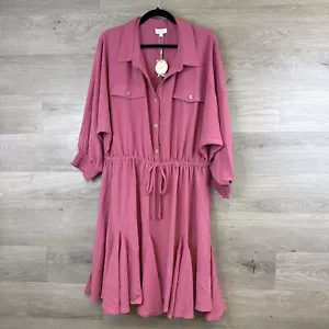 oddy Damen Kleid Kragenausschnitt abgesetzter Saum Gummibund fließend rosa Gr. 3XL - Bild 1 von 18