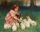 Little girl feeding rabbit Oil painting Giclee Art Printed on canvas L2864